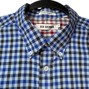 Ben Sherman Men XL House Gingham Shirt Blue Black Check Mod Fit Button Down EUC